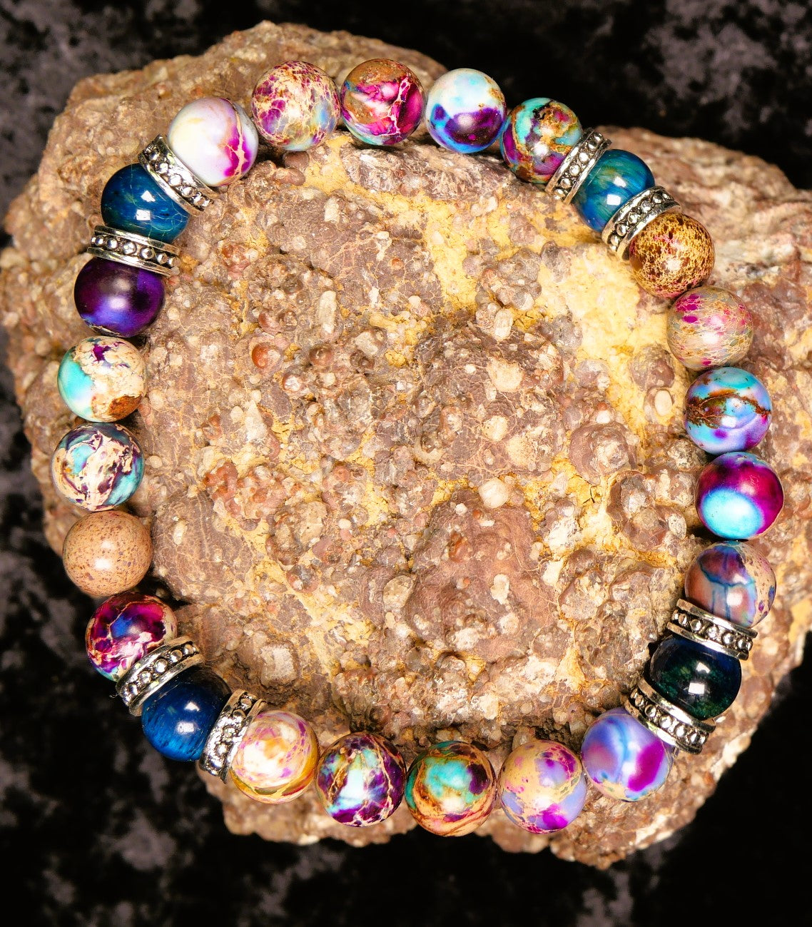 Purple Sea Sediment Jasper and Blue Tiger Eye bracelet