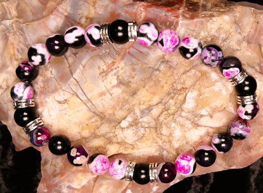 Fuchsia Black Fire Veins Onyx and Obsidian bracelet